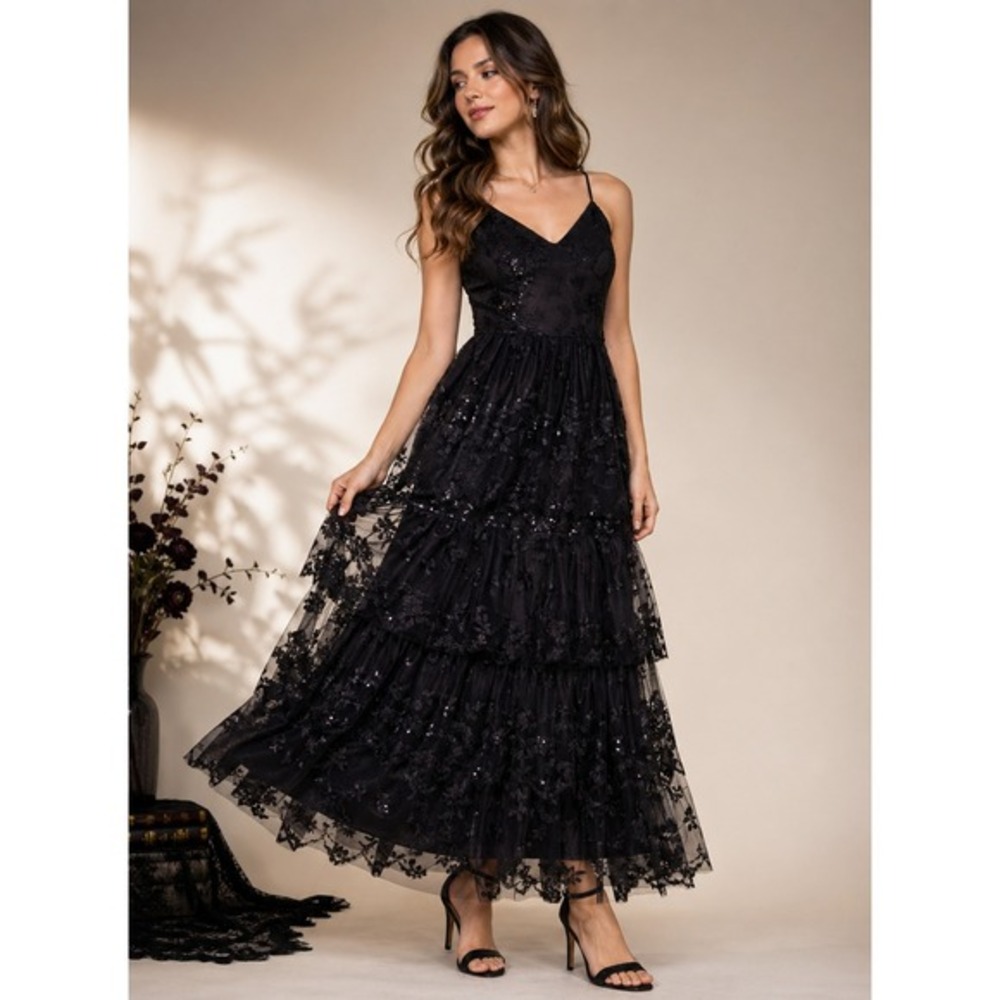 Altar'd State Black Lace Tiered Maxi Dress Whimsy‎ Goth Formal Women S